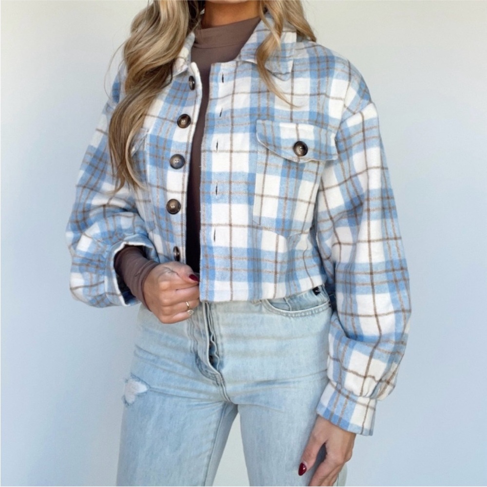 HYFVE Blue and Cream Plaid Cropped Jacket, Size Small